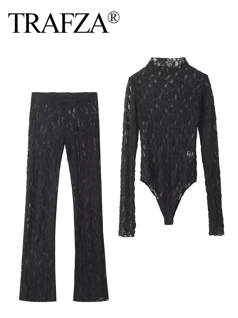 Womens Lace Pants Sets Slim Jumpsuits Top + High Waist Trousers Sexy Lady Floral Lace Translucent Y2K Bodysuit Suits