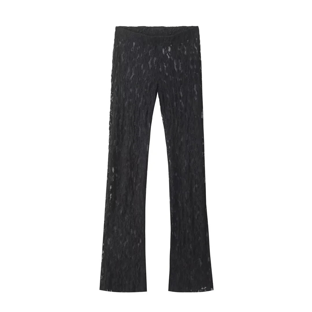 Womens Lace Pants Sets Slim Jumpsuits Top + High Waist Trousers Sexy Lady Floral Lace Translucent Y2K Bodysuit Suits