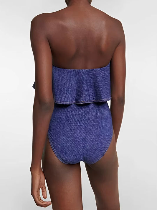 2025 Strapless Frill Denim Swimsuit Women One Piece Sexy Swimwear Female Beachwear Bathers Bathing Swimming Swim Suit