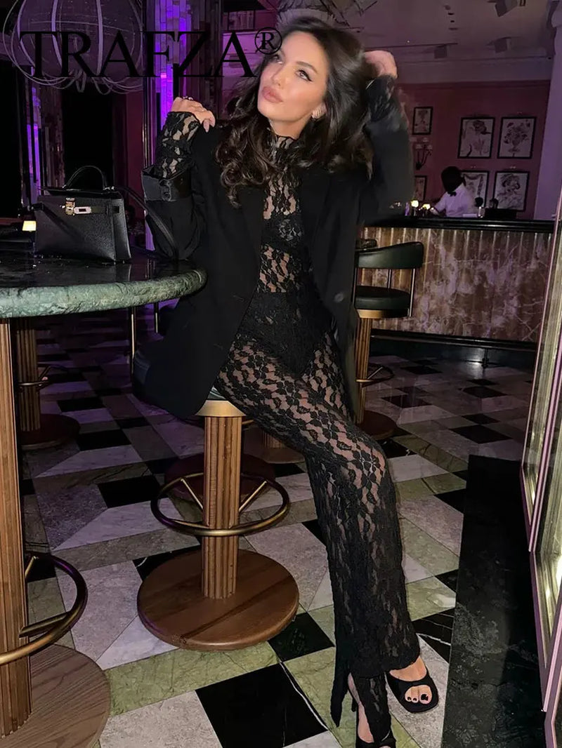 Womens Lace Pants Sets Slim Jumpsuits Top + High Waist Trousers Sexy Lady Floral Lace Translucent Y2K Bodysuit Suits