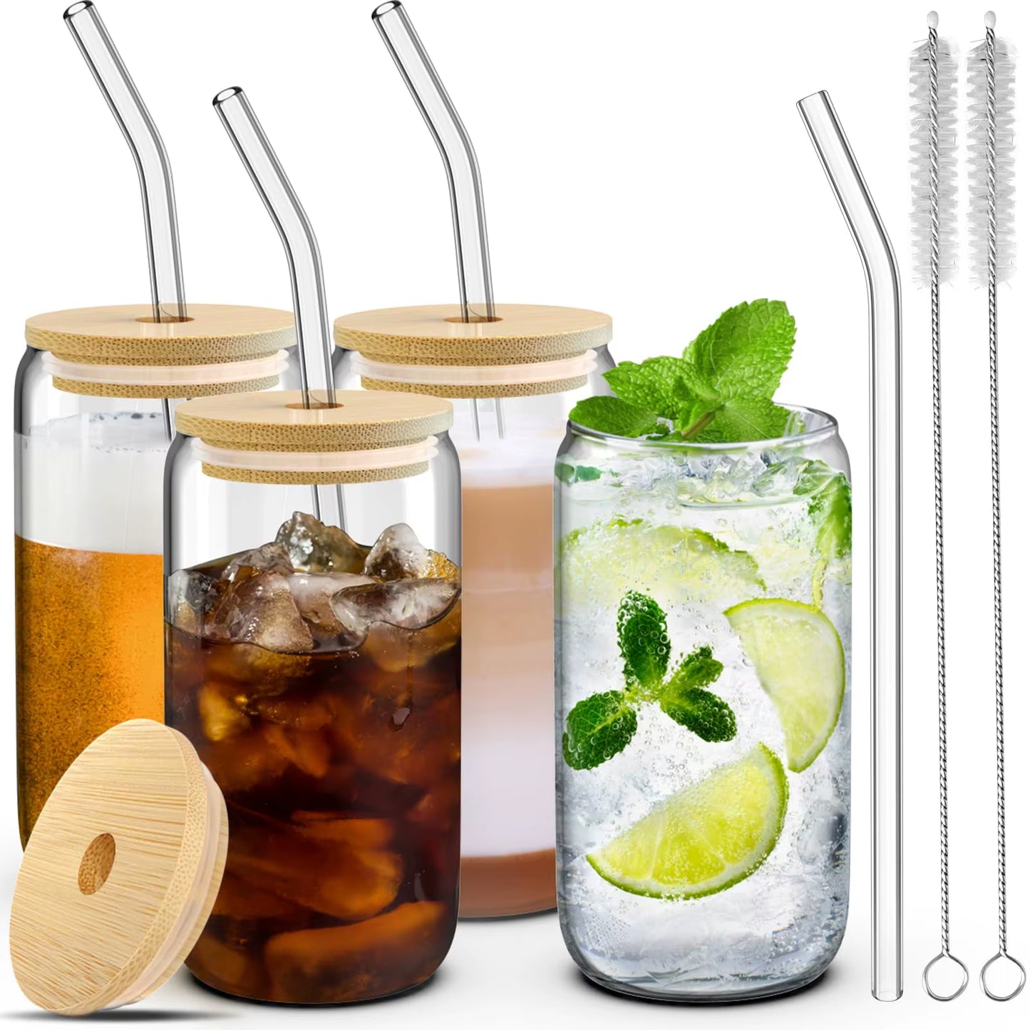 1/4Pcs 400ML Glass Cup with Wooden Lid and Straw Juice Drink Beer Mug Coffee Milk Transparent Water Cup Suitable for Parties