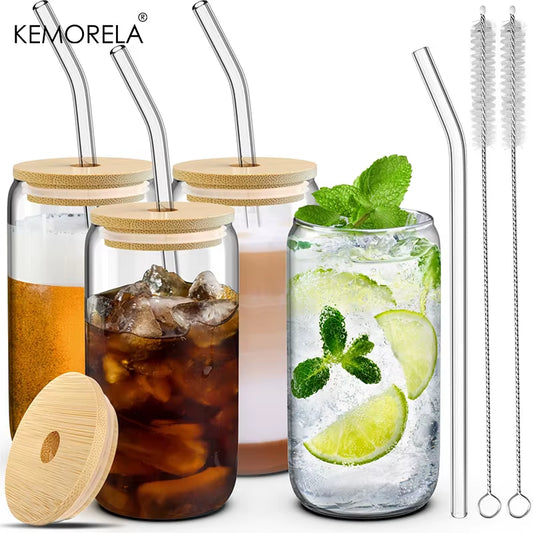 1/4Pcs 400ML Glass Cup with Wooden Lid and Straw Juice Drink Beer Mug Coffee Milk Transparent Water Cup Suitable for Parties