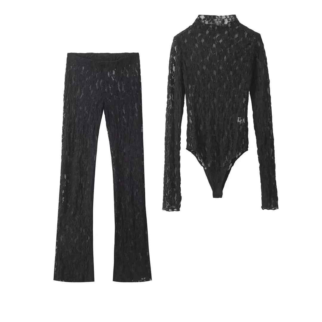 Womens Lace Pants Sets Slim Jumpsuits Top + High Waist Trousers Sexy Lady Floral Lace Translucent Y2K Bodysuit Suits