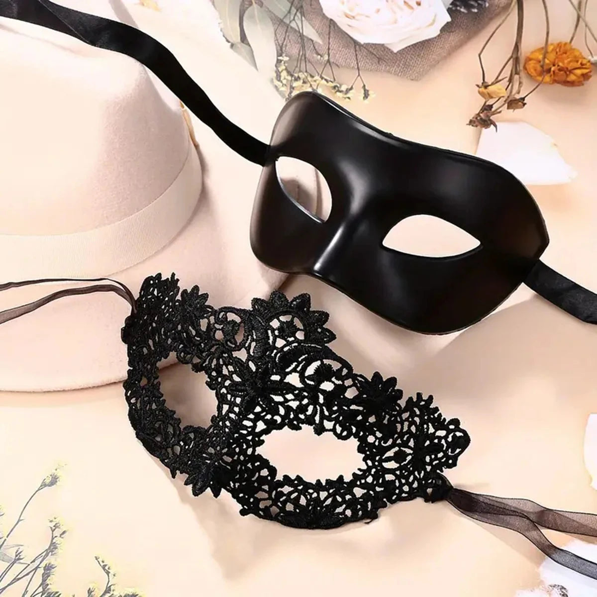 2Pcs Elegant Black Lace Masquerade Mask Set for Couples - Perfect for Venetian Party, Mardi Gras, and Halloween Celebrations