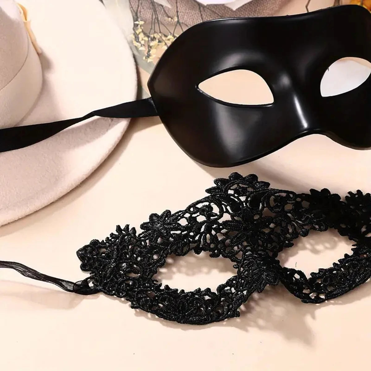 2Pcs Elegant Black Lace Masquerade Mask Set for Couples - Perfect for Venetian Party, Mardi Gras, and Halloween Celebrations