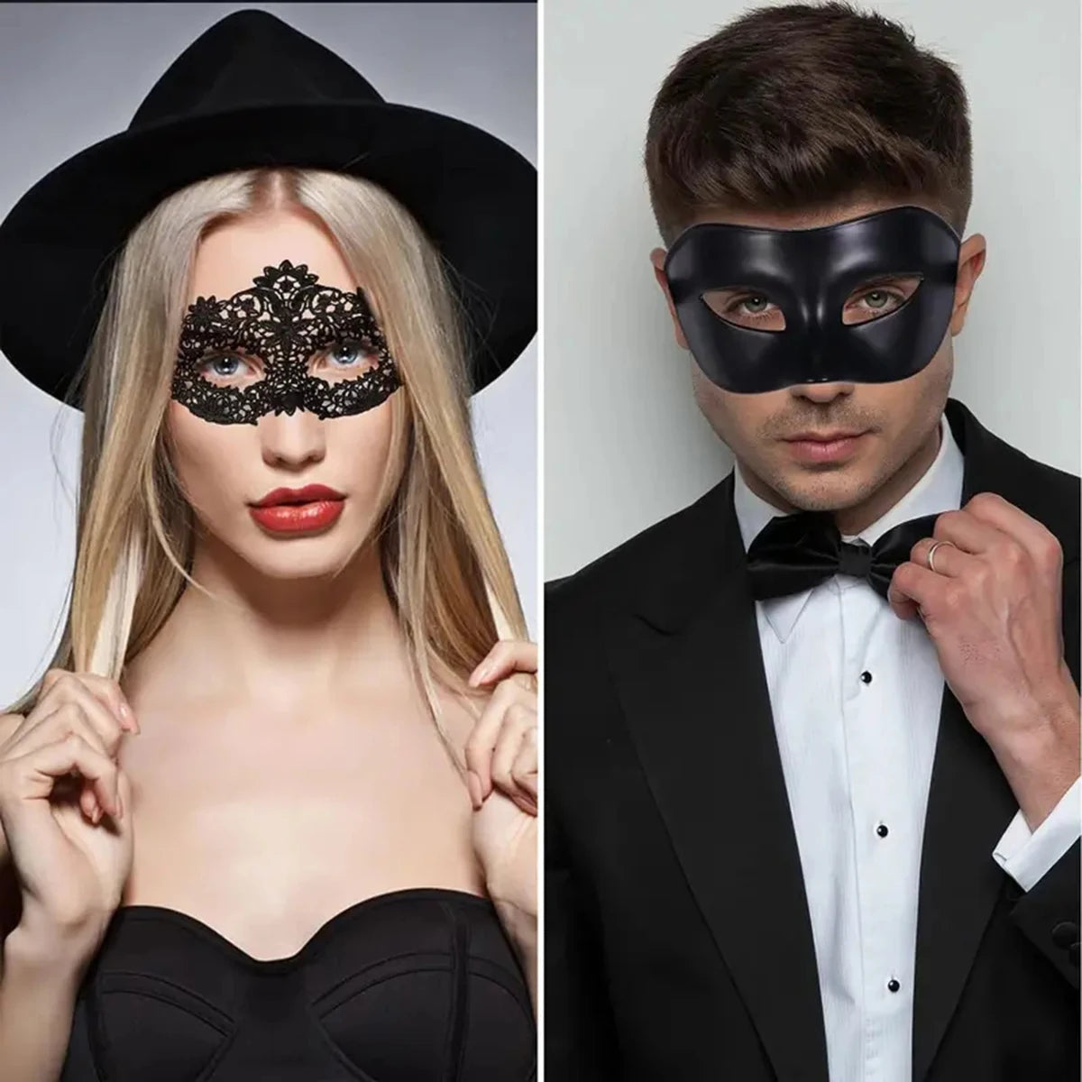 2Pcs Elegant Black Lace Masquerade Mask Set for Couples - Perfect for Venetian Party, Mardi Gras, and Halloween Celebrations