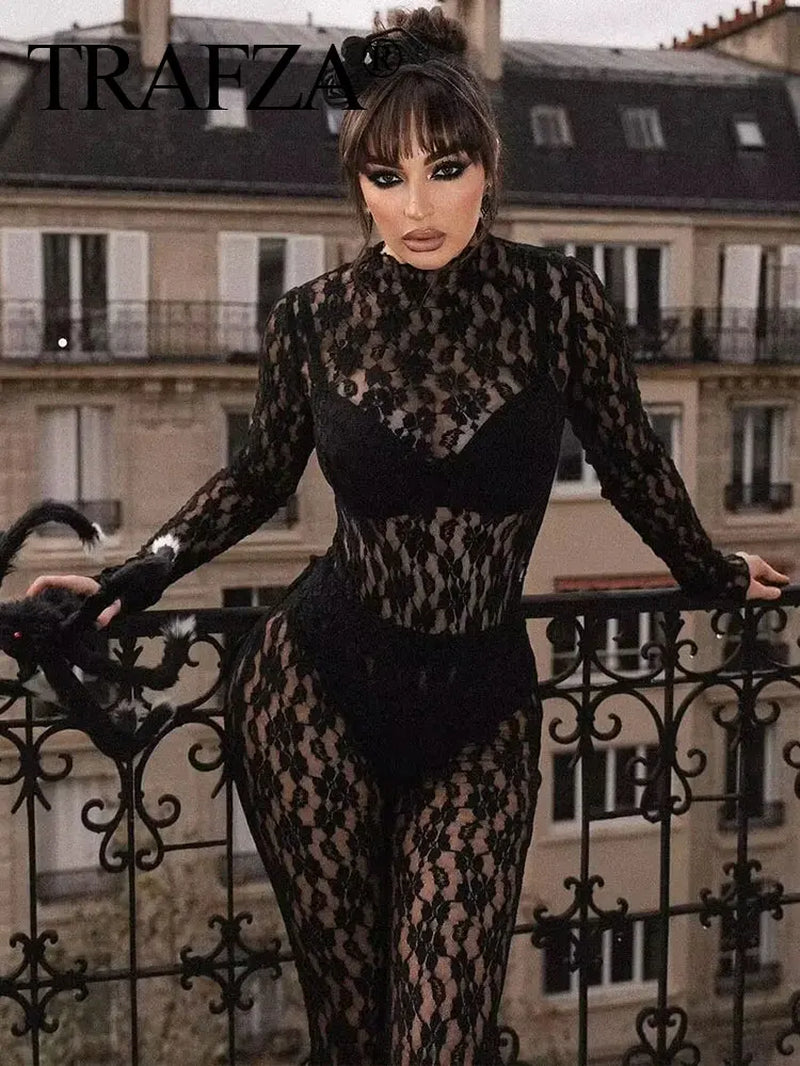 Womens Lace Pants Sets Slim Jumpsuits Top + High Waist Trousers Sexy Lady Floral Lace Translucent Y2K Bodysuit Suits