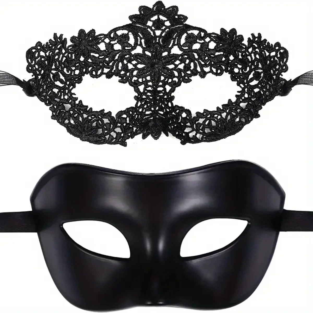 2Pcs Elegant Black Lace Masquerade Mask Set for Couples - Perfect for Venetian Party, Mardi Gras, and Halloween Celebrations