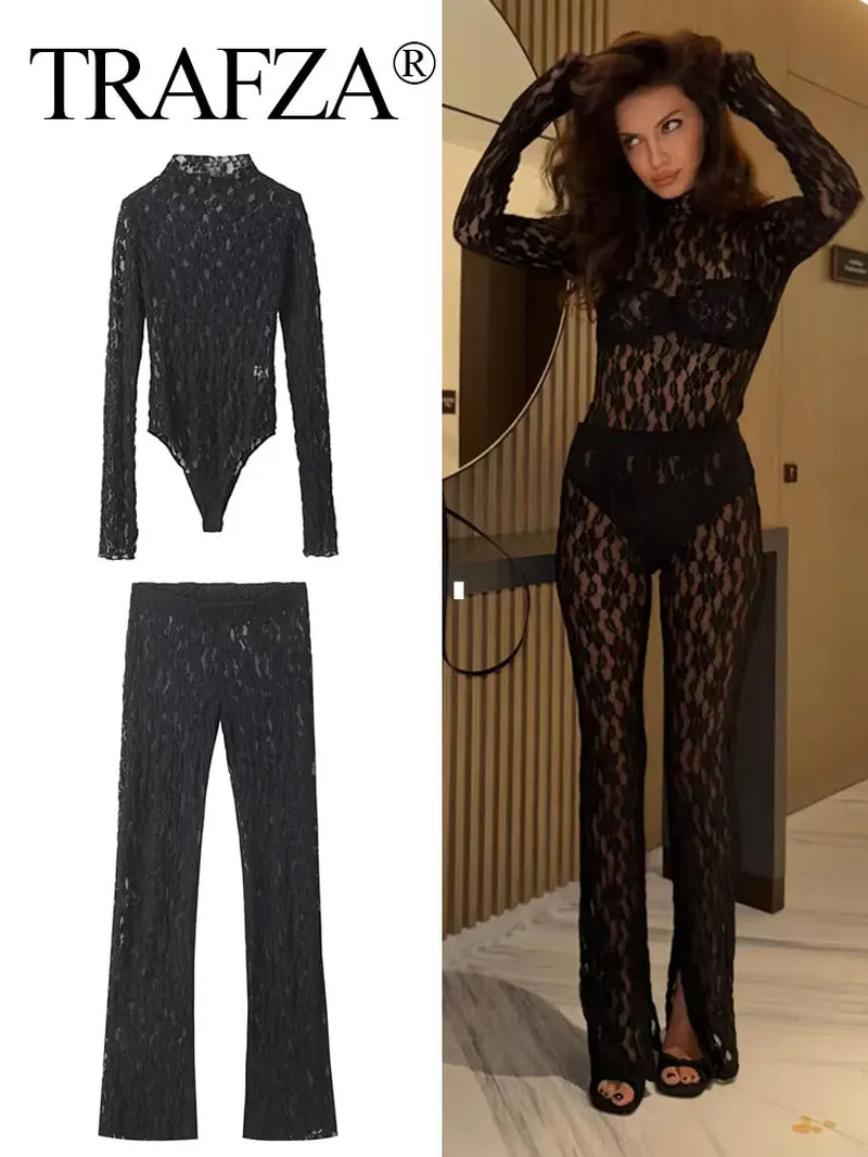 Womens Lace Pants Sets Slim Jumpsuits Top + High Waist Trousers Sexy Lady Floral Lace Translucent Y2K Bodysuit Suits