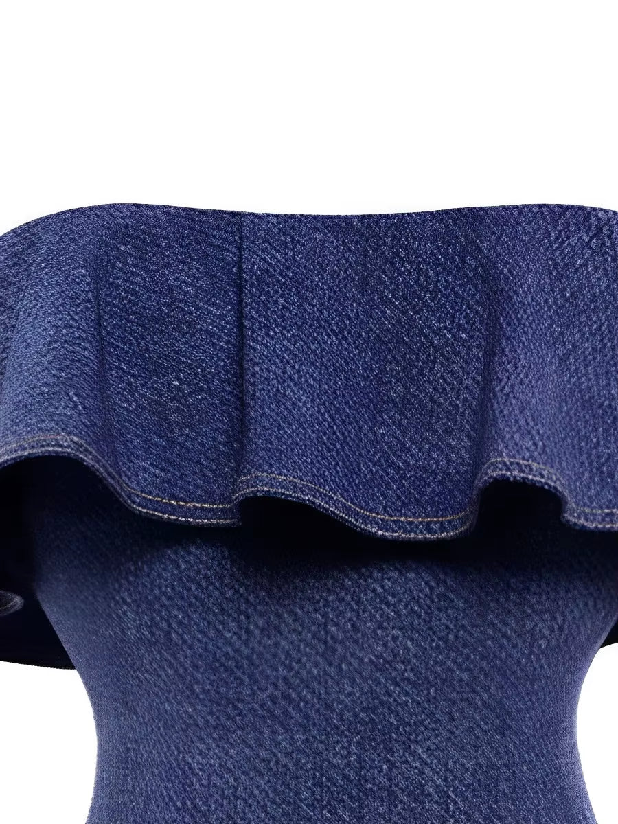 2025 Strapless Frill Denim Swimsuit Women One Piece Sexy Swimwear Female Beachwear Bathers Bathing Swimming Swim Suit
