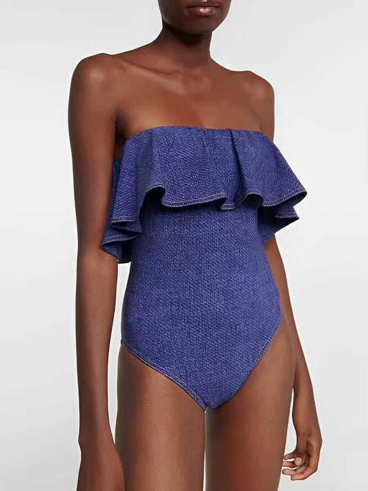 2025 Strapless Frill Denim Swimsuit Women One Piece Sexy Swimwear Female Beachwear Bathers Bathing Swimming Swim Suit