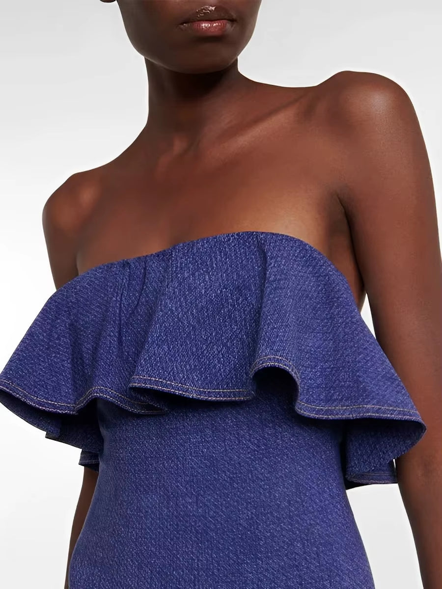 2025 Strapless Frill Denim Swimsuit Women One Piece Sexy Swimwear Female Beachwear Bathers Bathing Swimming Swim Suit