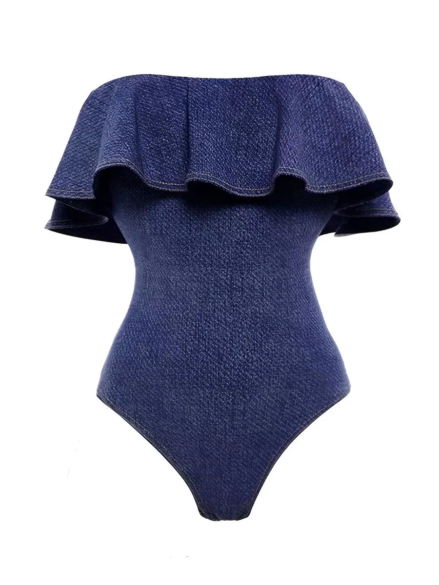 2025 Strapless Frill Denim Swimsuit Women One Piece Sexy Swimwear Female Beachwear Bathers Bathing Swimming Swim Suit