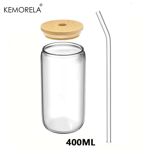 1/4Pcs 400ML Glass Cup with Wooden Lid and Straw Juice Drink Beer Mug Coffee Milk Transparent Water Cup Suitable for Parties