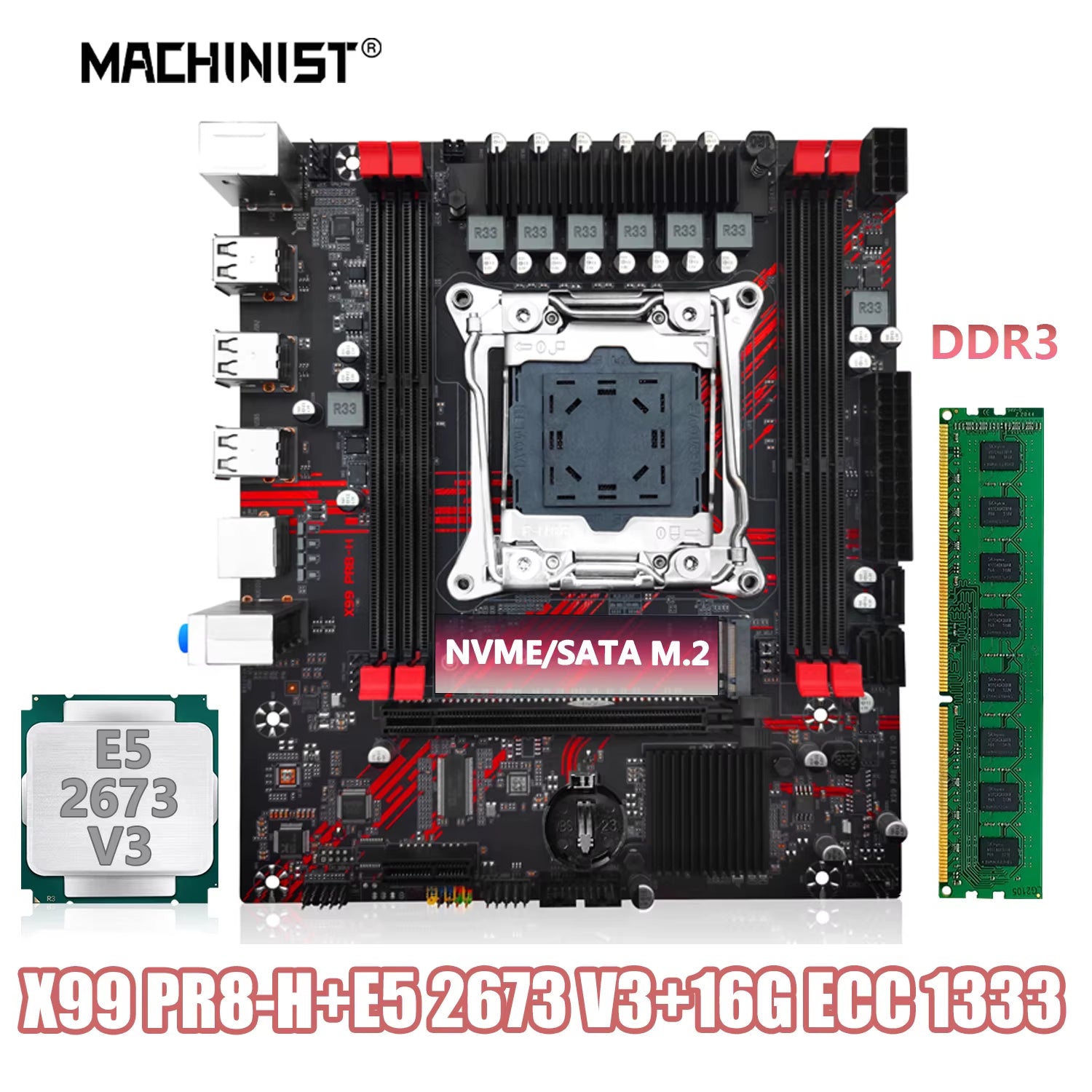 PR8-H X99 Motherboard Set Kit with Intel LGA2011-3 Xeon E5 2673 V3 CPU DDR3 16GB 1333MHZ ECC RAM Memory NVME M.2 SATA