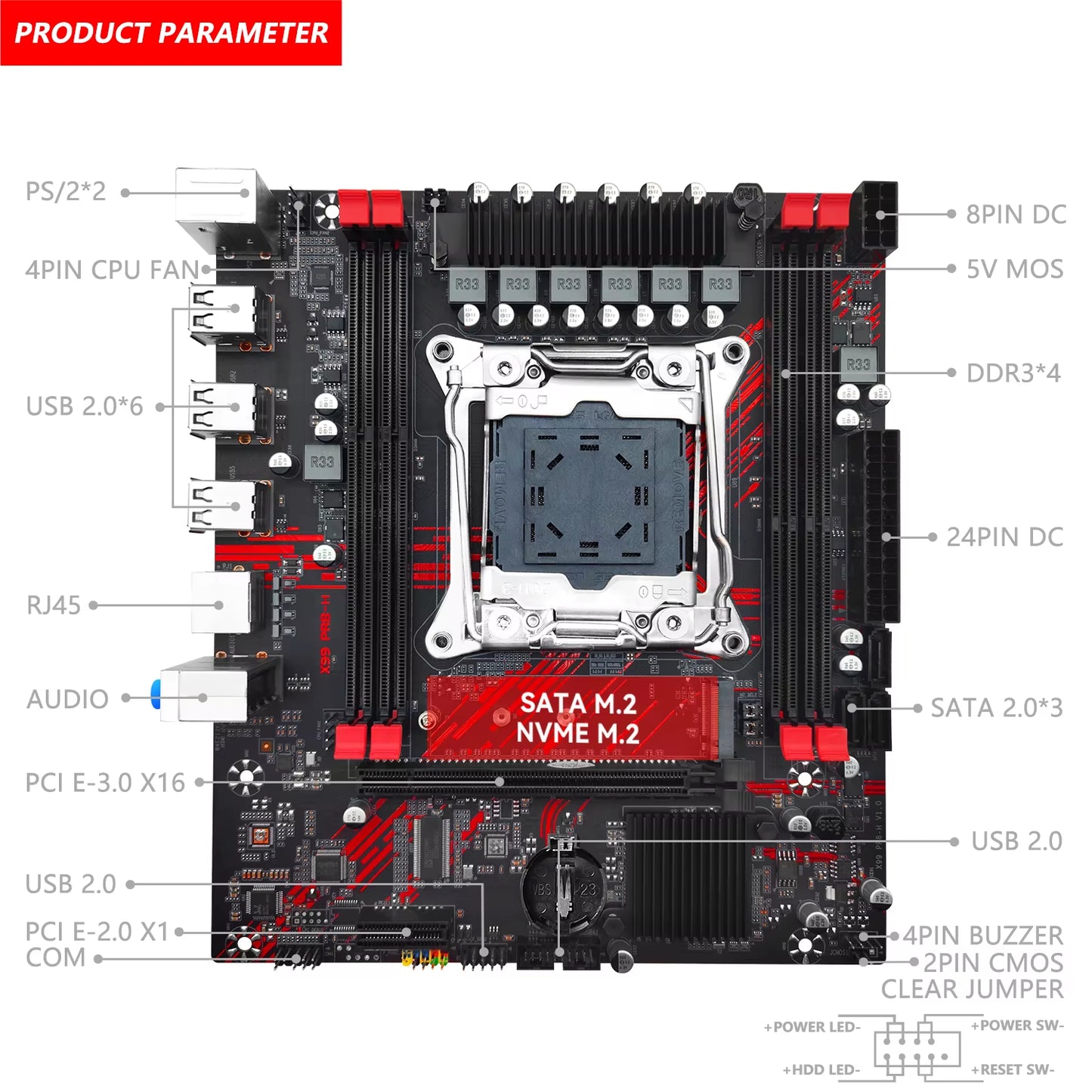 PR8-H X99 Motherboard Set Kit with Intel LGA2011-3 Xeon E5 2673 V3 CPU DDR3 16GB 1333MHZ ECC RAM Memory NVME M.2 SATA