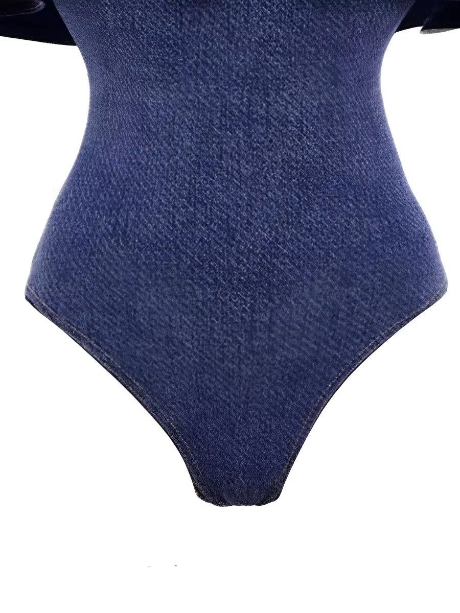 2025 Strapless Frill Denim Swimsuit Women One Piece Sexy Swimwear Female Beachwear Bathers Bathing Swimming Swim Suit