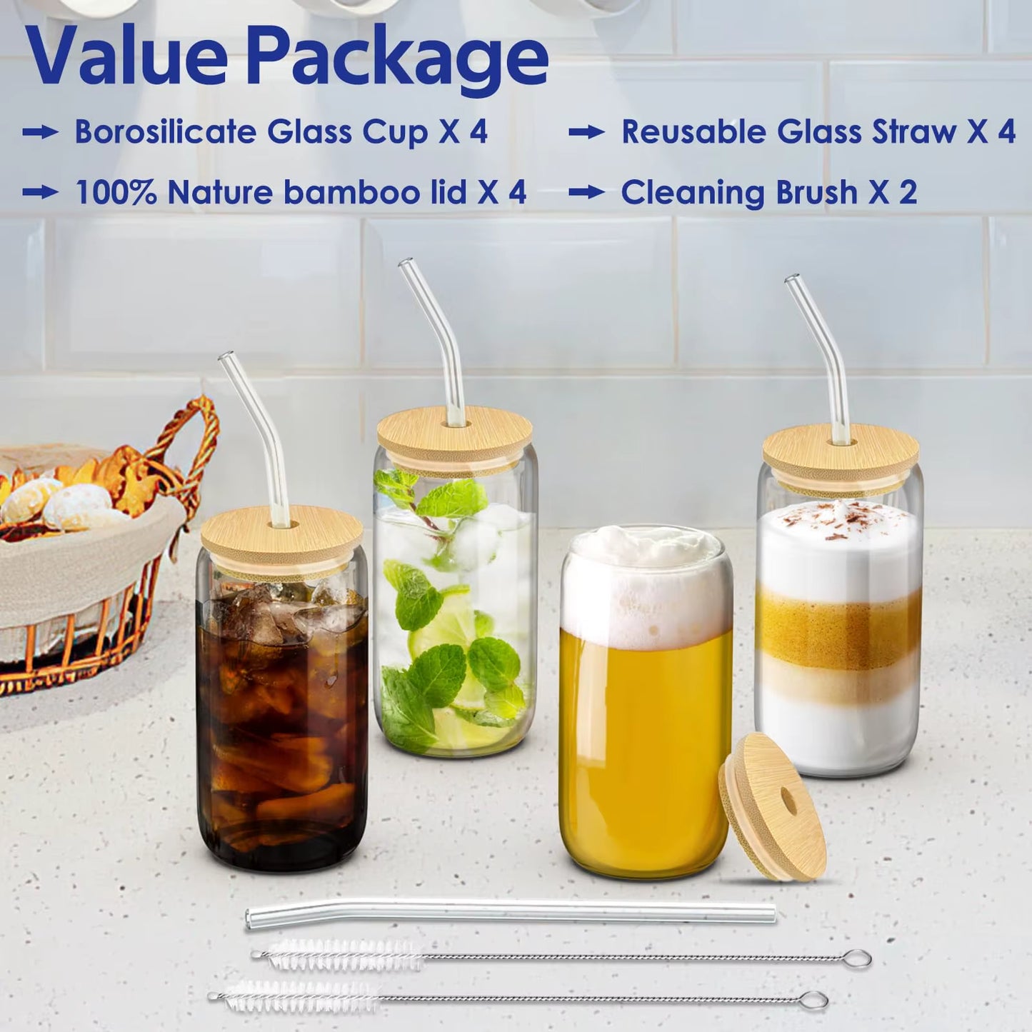 1/4Pcs 400ML Glass Cup with Wooden Lid and Straw Juice Drink Beer Mug Coffee Milk Transparent Water Cup Suitable for Parties